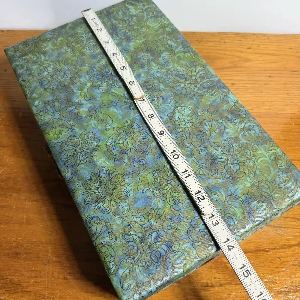 Mid Century Groovy Blue Green Floral Jewelry Box Velvet Lining Dresser Box 14